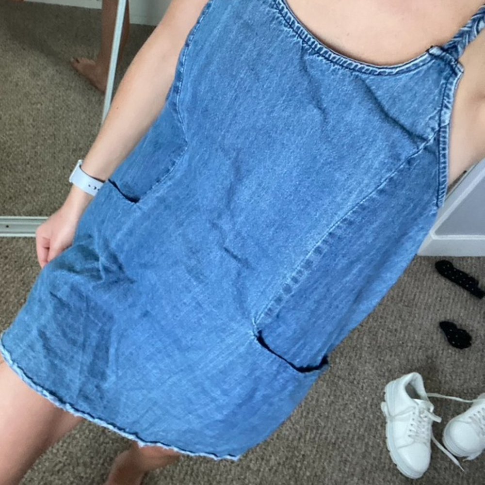 Carmar Denim Mini Dress w/ Pockets & Braided Strap